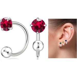 July Ruby Silver Tiny 3mm Natural Birthstone Small Huggie Half Hoop Earrings